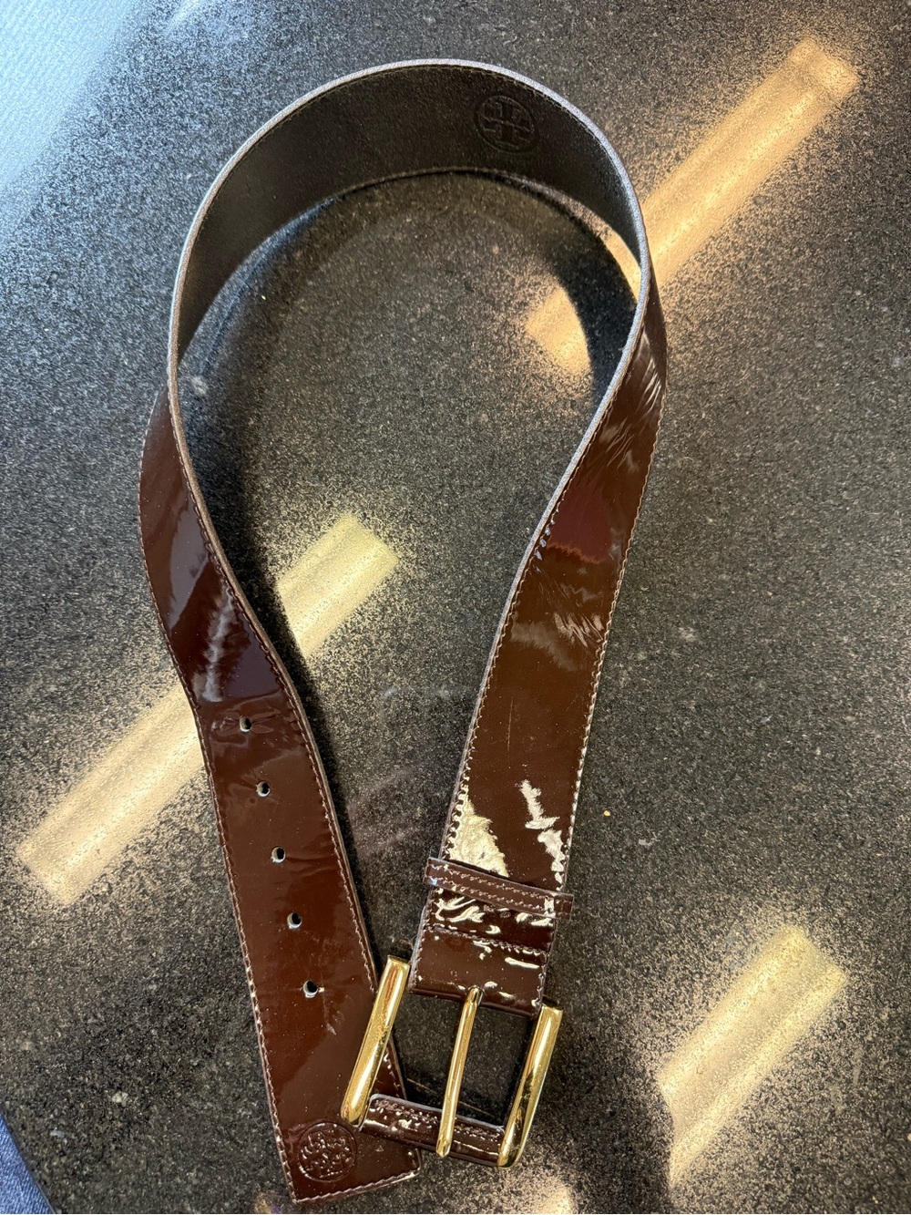 Tory Burch Glossy Brown Patent Belt with Gold Buckle size small